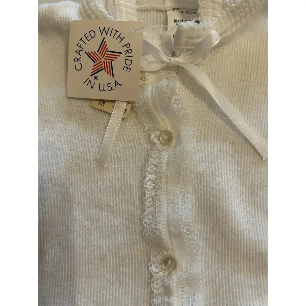 Vtg Paty Baby Gown White Size 6 Months Lace Knit Ribbon‎ Tie Hooded USA NOS